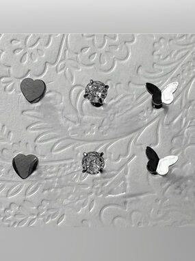 NWT, 3 Pair Heart, Butterfly and Rhinestone Stainless Steel Flat Back Earrings